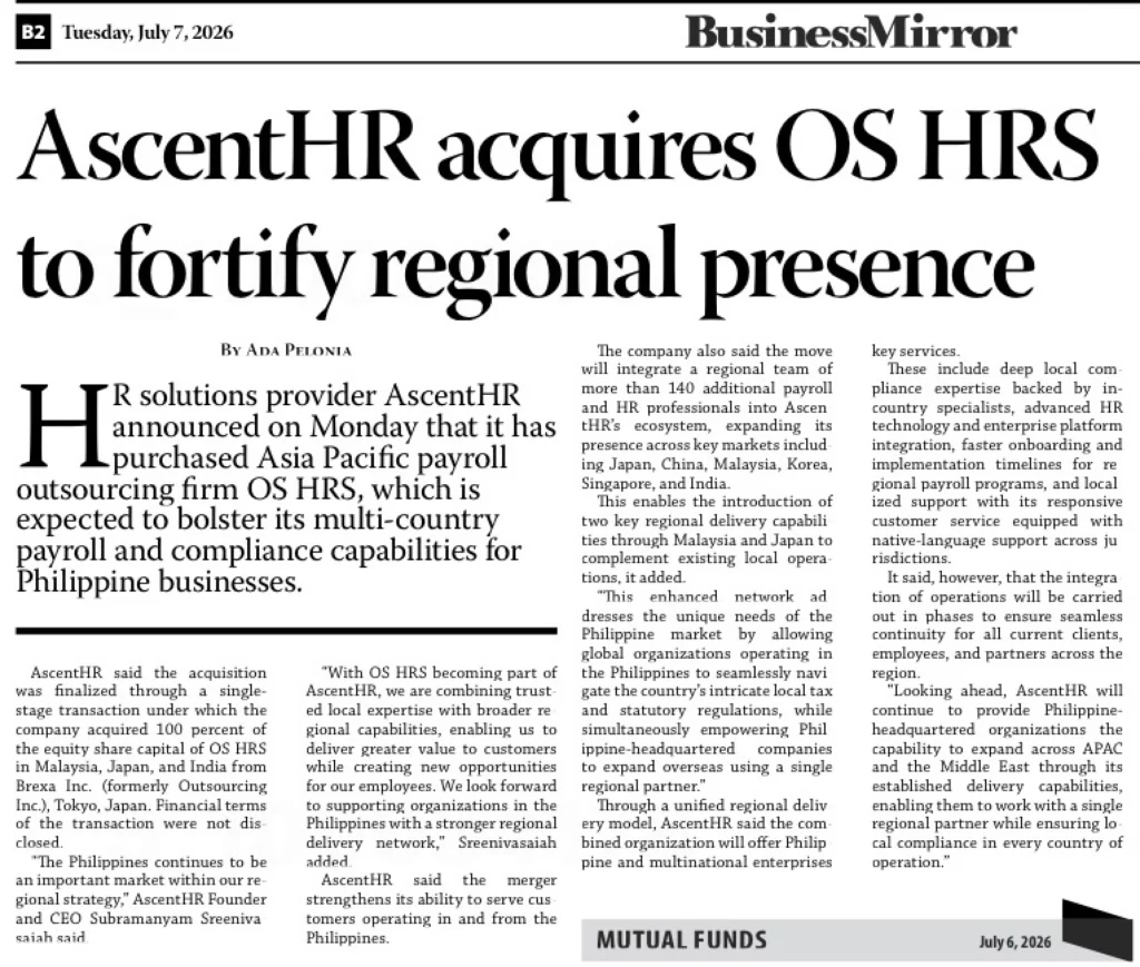 Business Mirror print publication of OSHRS acquisition